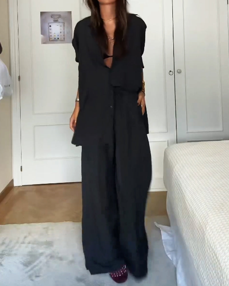 Fashion Solid Color Comfortable Shirt & Pants Two-piece Set
