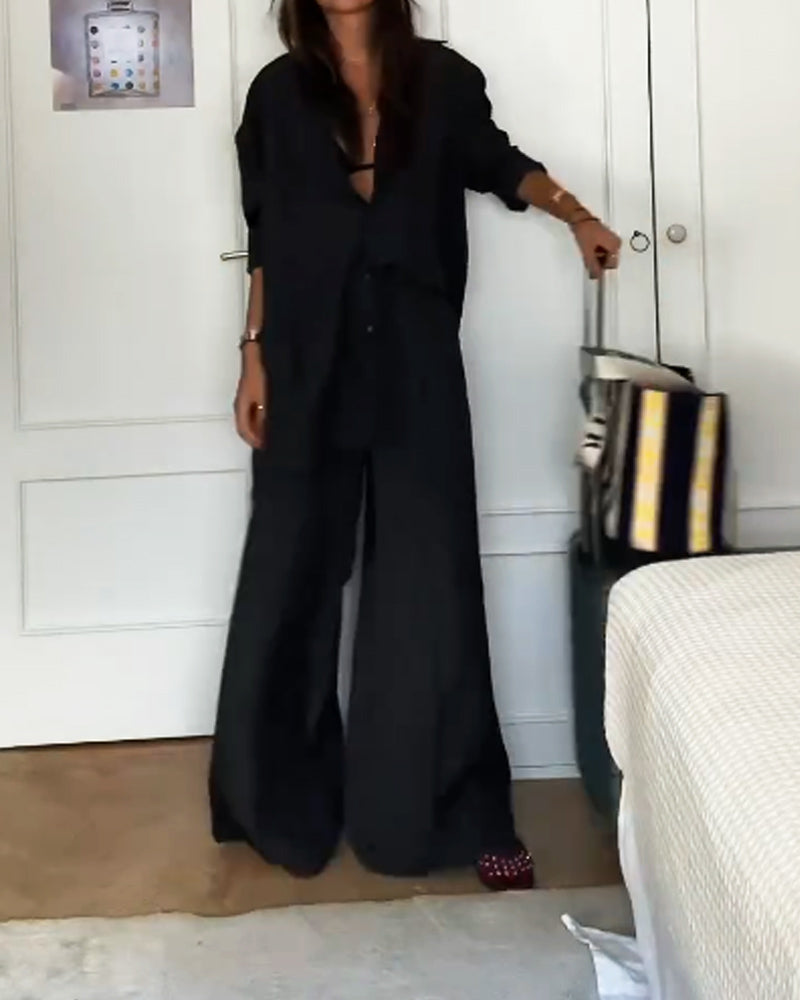 Fashion Solid Color Comfortable Shirt & Pants Two-piece Set