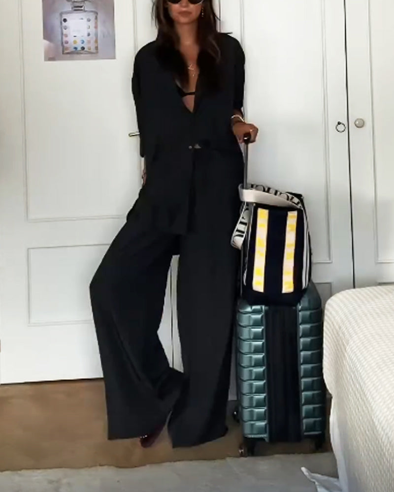 Fashion Solid Color Comfortable Shirt & Pants Two-piece Set